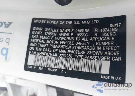 2017 Honda Civic Sport from USA, damaged, VIN SHHFK7H44HU231256